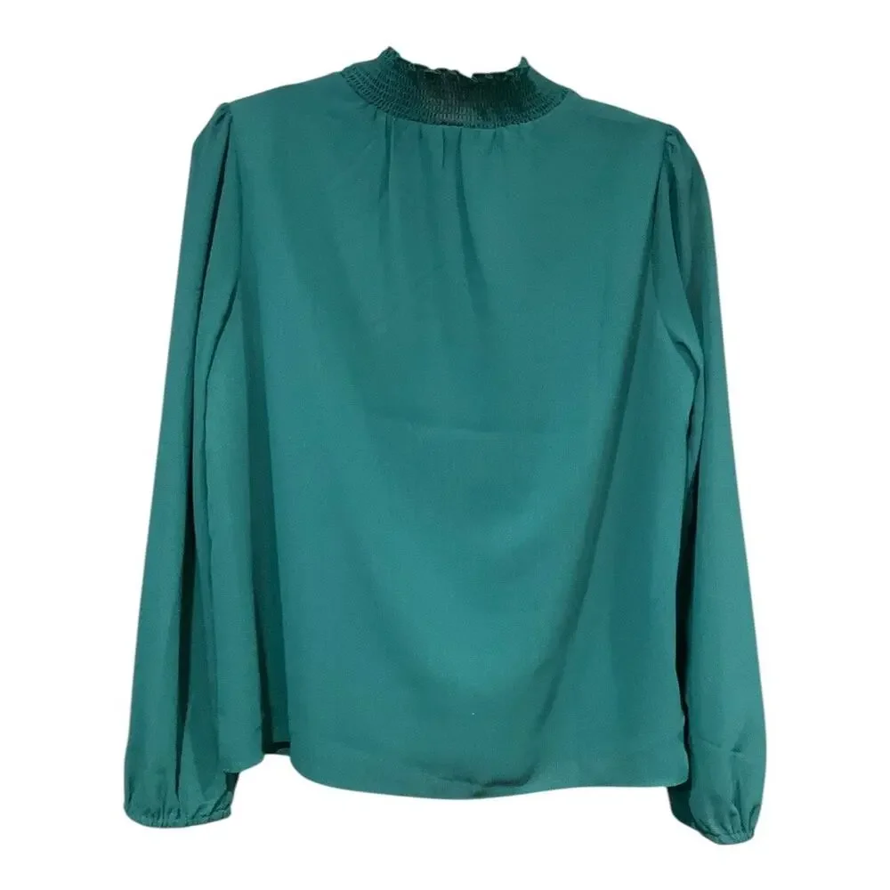 Women's Emerald Green Long-Sleeve Smocked Neck Blouse